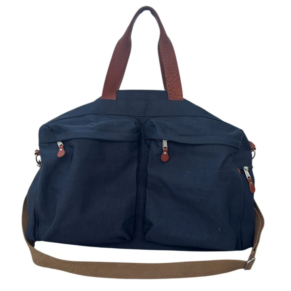 J Crew Duffle Bag Harwick Overnight Bag Weekend Travel Leather Fabric Navy Brown